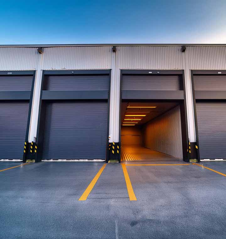 loading dock and overhead garage doors of warehouse with one open